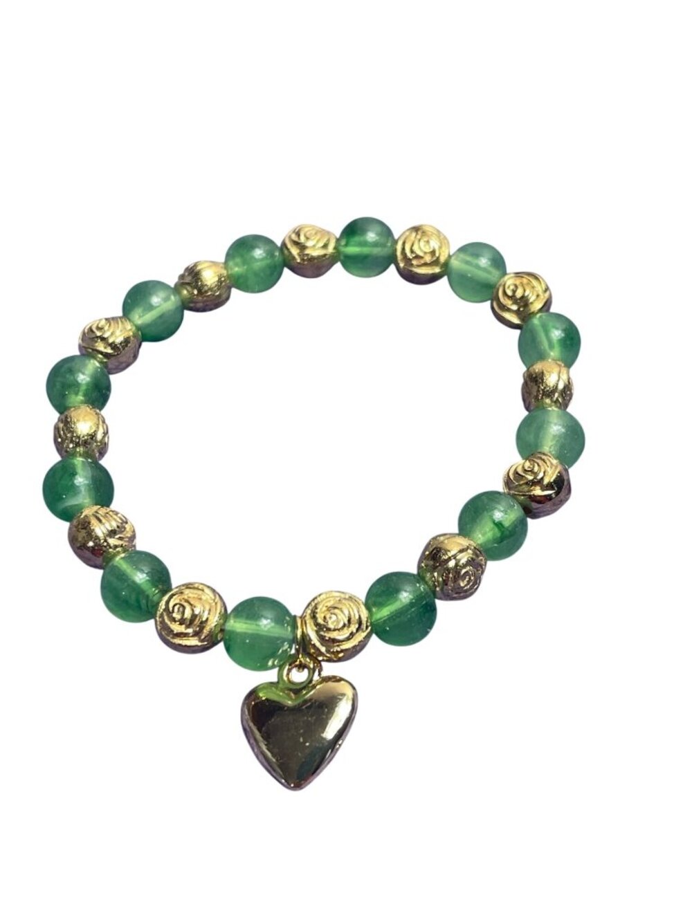 Green Plastic Goldtone Rosette Beaded Stretchy Bracelet Heart Charm 6.25 inches